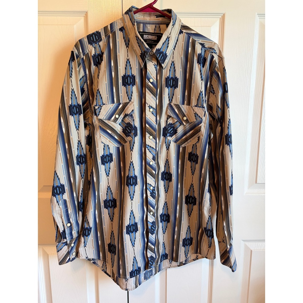 Rock and Roll Denim Mens Aztec Western Pearl Snap Shirt Blue Tan RRMS0SR0QB L